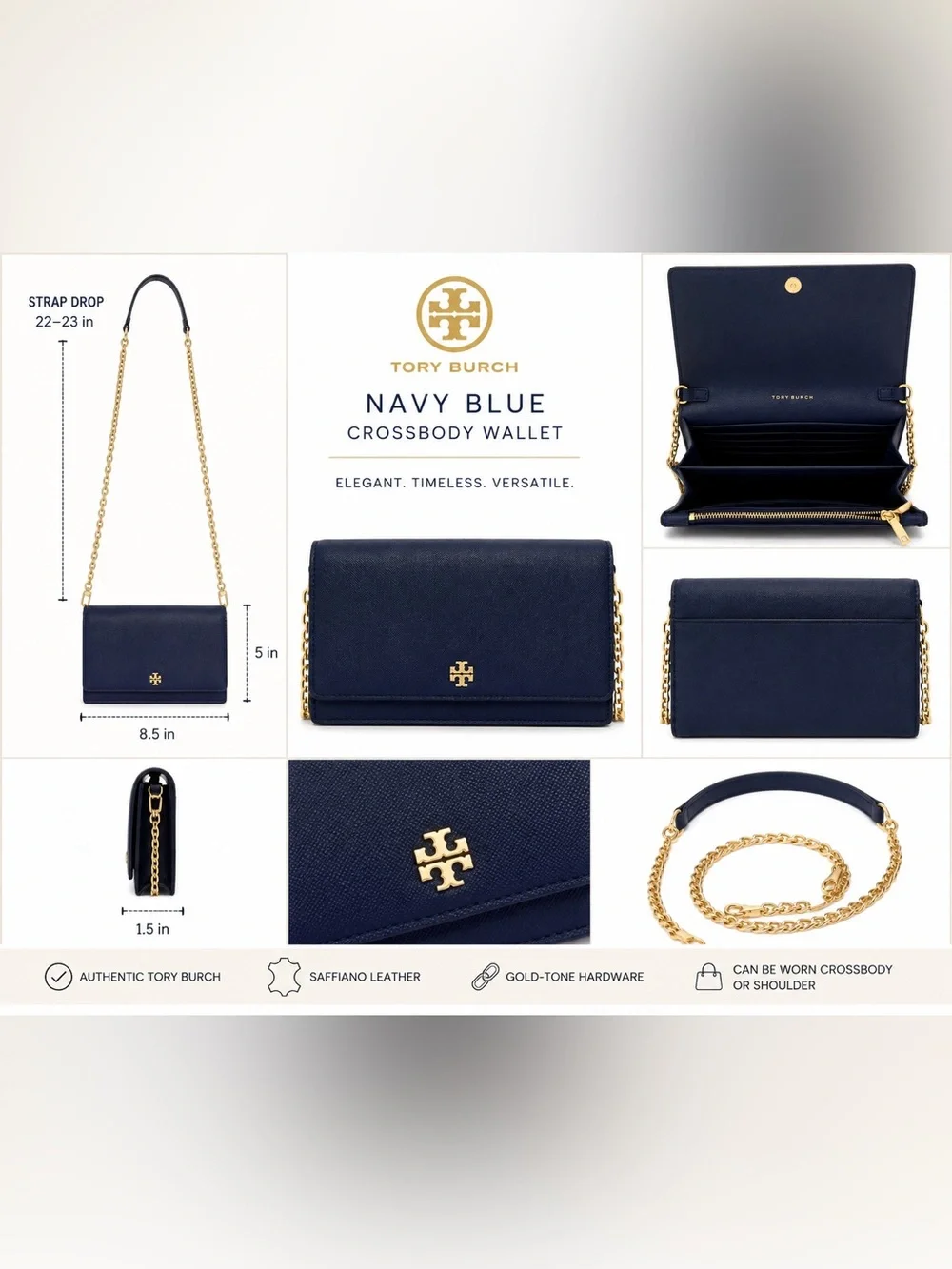 Tory Burch Navy Blue Leather Crossbody Wallet Bag | Gold Chain |never used